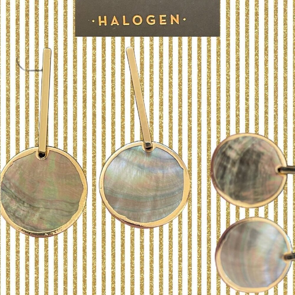 Halogen Nordstrom Gold-Tone Faux Abalone Center Disc Gold Bar Drop Stud Earrings